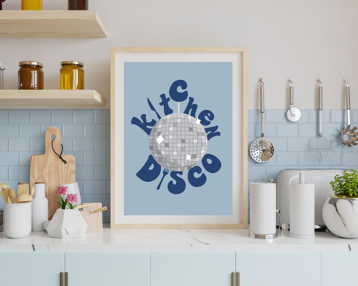 Kitchen Disco Navy Groovy Disco Ball Retro Blue Kitchen Poster - Image 3