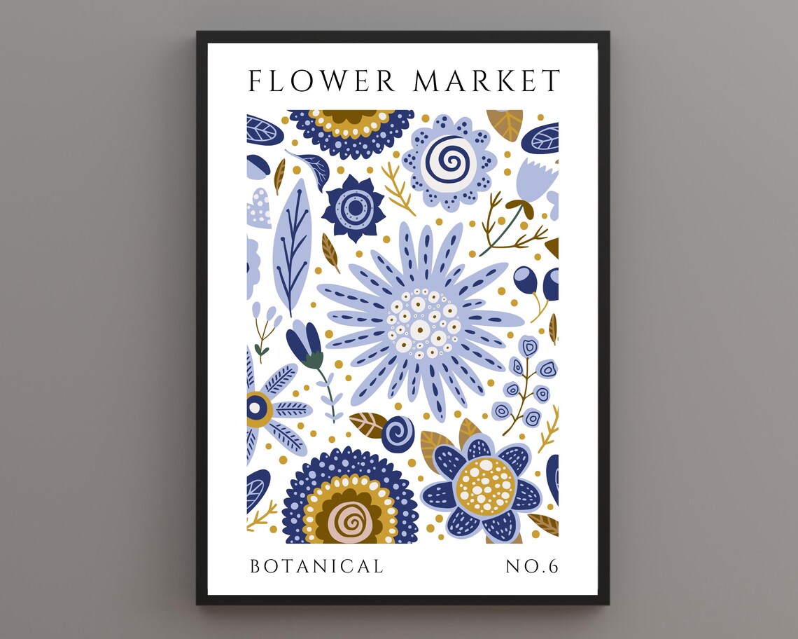 Flower Market Blue Gold Abstract Florals Botanical No 6 Poster