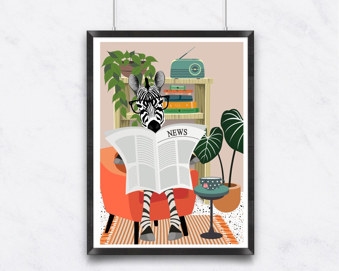 Zebra Reading Newspaper on Orange Chair Funny Spectacle Animal Poster - Image 3
