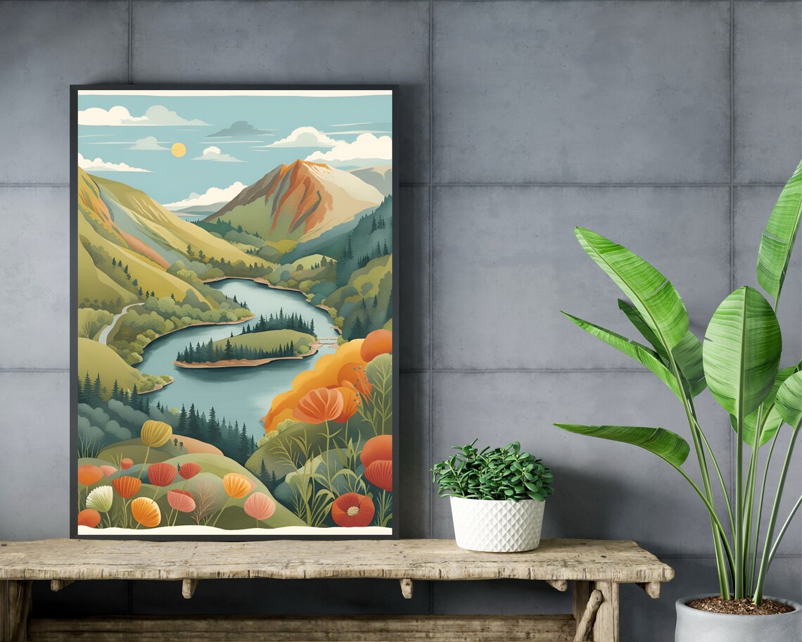 Lake District Lake Island View With Wild Poppies Hills Poster - Image 2