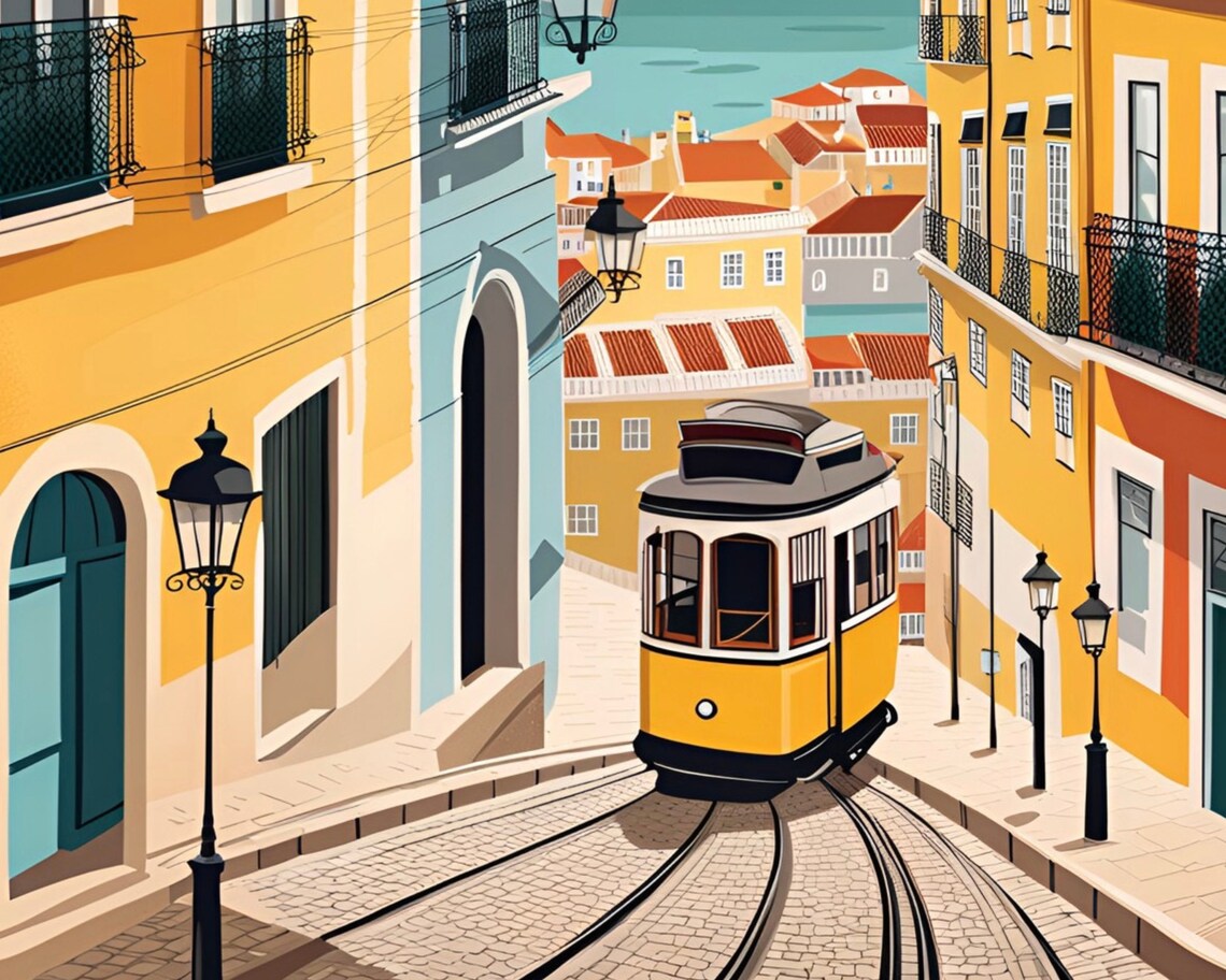 Lisbon Vintage Yellow Tram 28 Steep Hillside Street Portugal Poster - Image 2