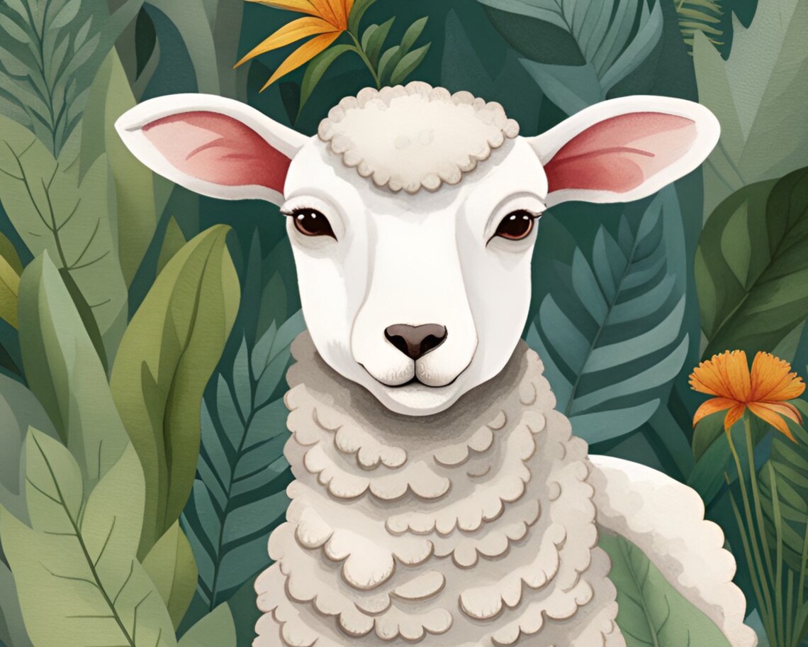 Sweet White Lamb Standing Among Tropical Leaves and Blooms Poster - Image 2