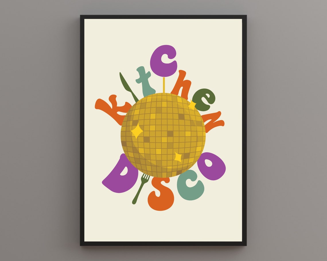 Kitchen Disco Multicolor Gold Disco Ball Retro Cream Kitchen Poster