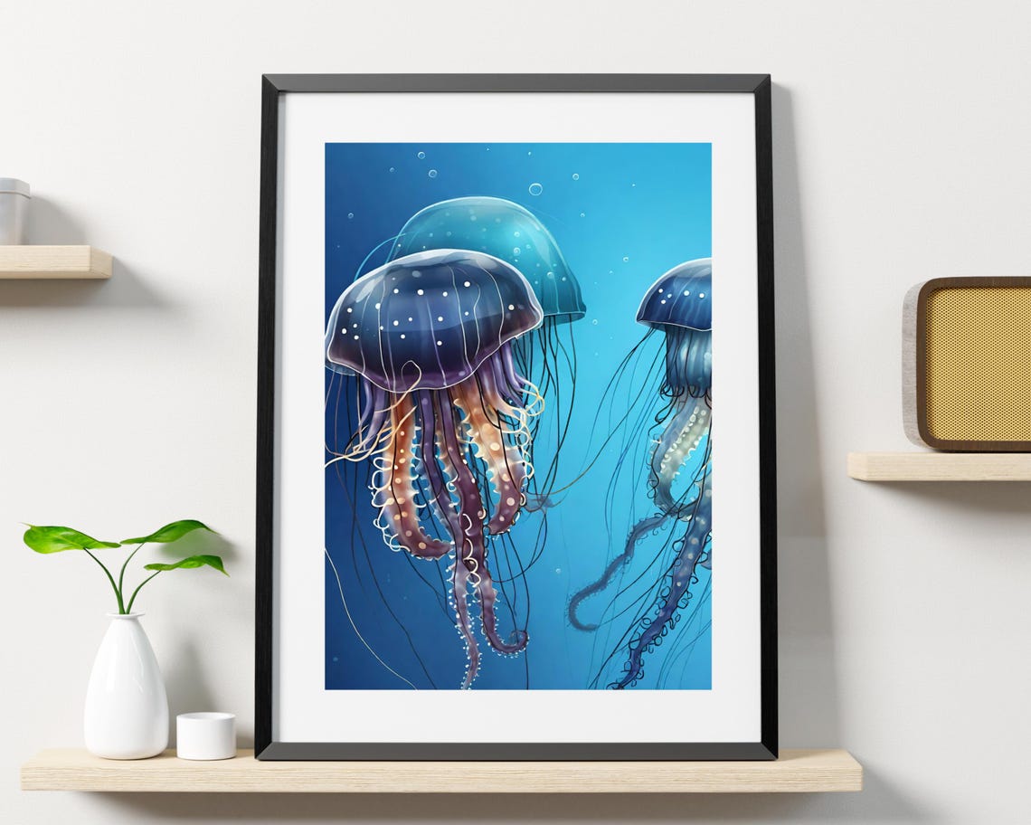 Beautiful Jellyfish Print Under The Sea Prints Blue Underwater Fish Print Box Jellyfish Poster Stunning Print - Image 2