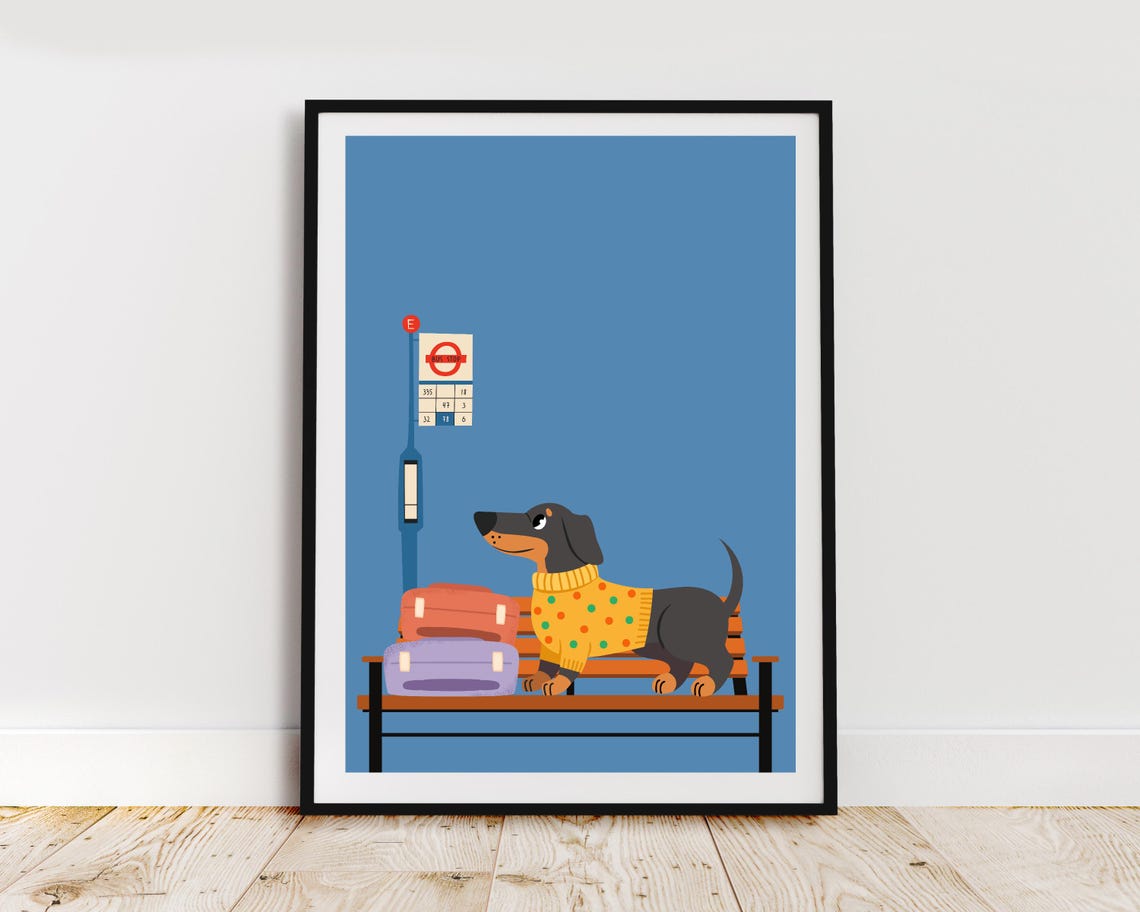 Dachshund In Sweater Waiting At Bus Stop With Suitcases Poster - Image 2