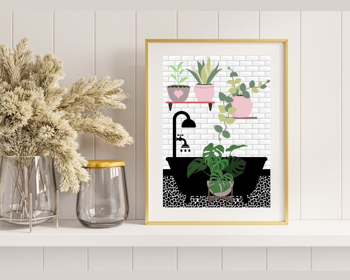Black Bathtub With Pink Potted Plants On A Wall Shelf Poster - Image 2