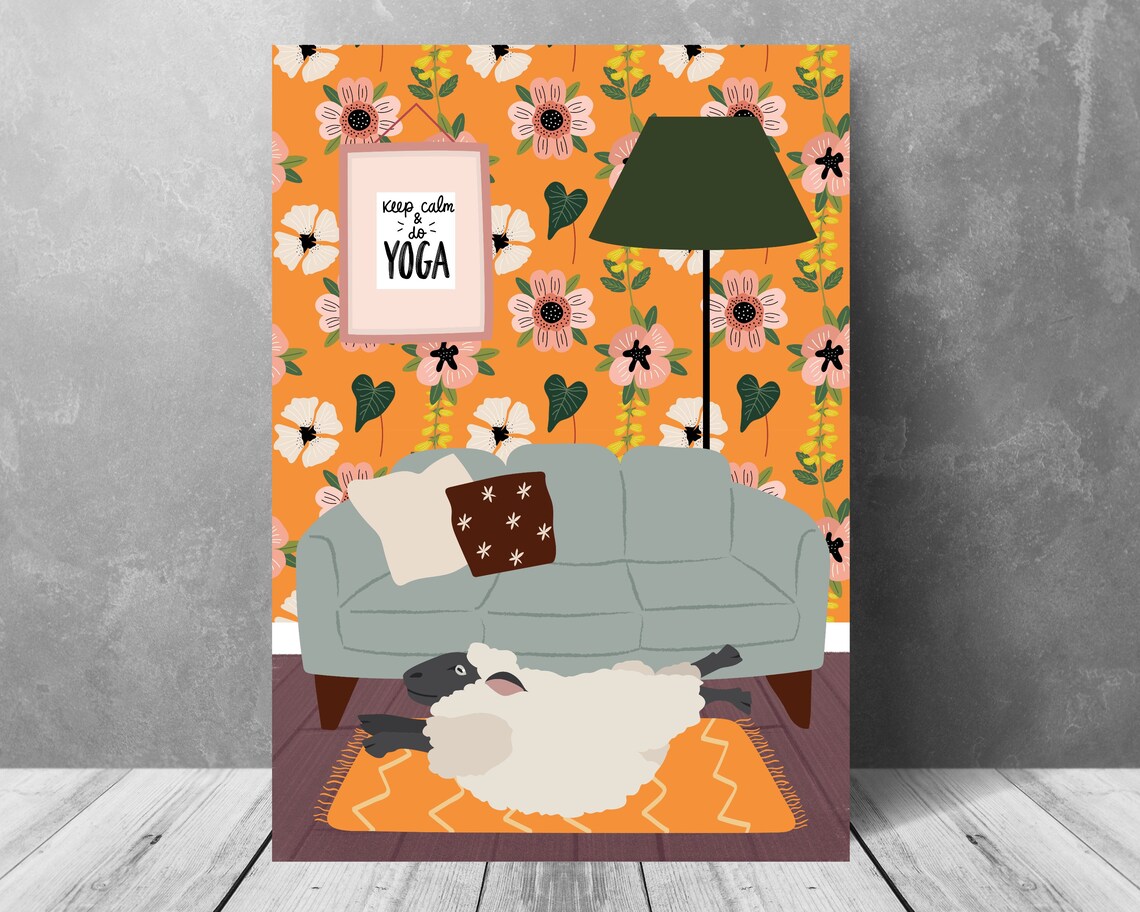 Sheep Lying Back on Orange Rug Funny Yoga Pose Animal Poster - Image 3