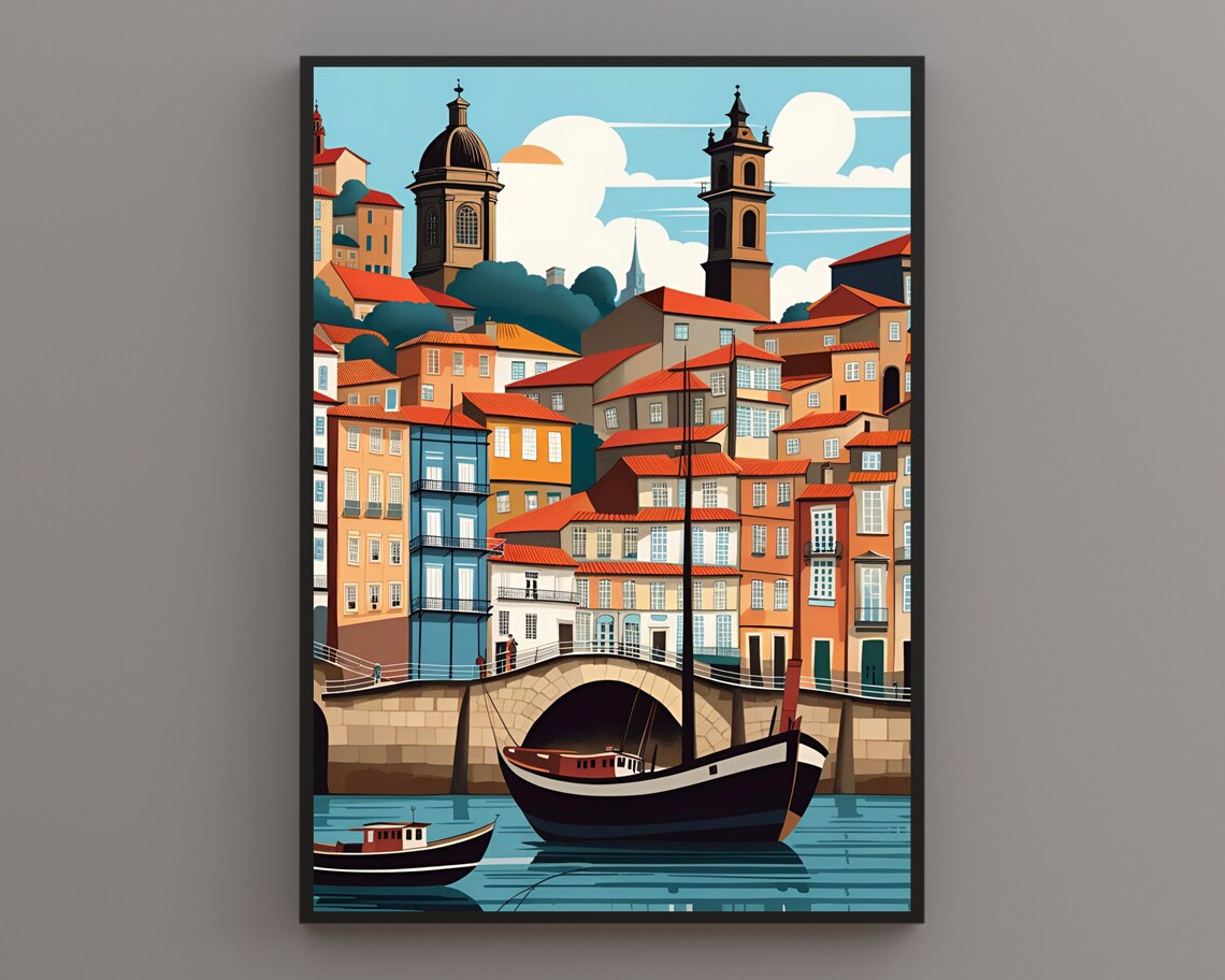 Porto Riverside Old Town Stone Bridge Boats Portugal Harbor Poster