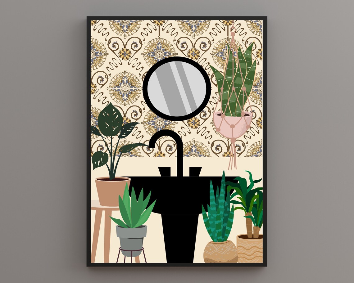 Beige Bathroom Botanical House Plants Art Print