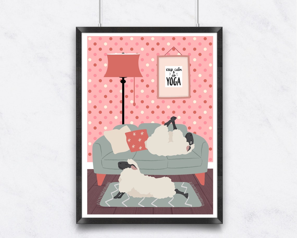 Two Sheep Relaxing by Grey Sofa Funny Polka Dot Yoga Animal Poster - Image 2