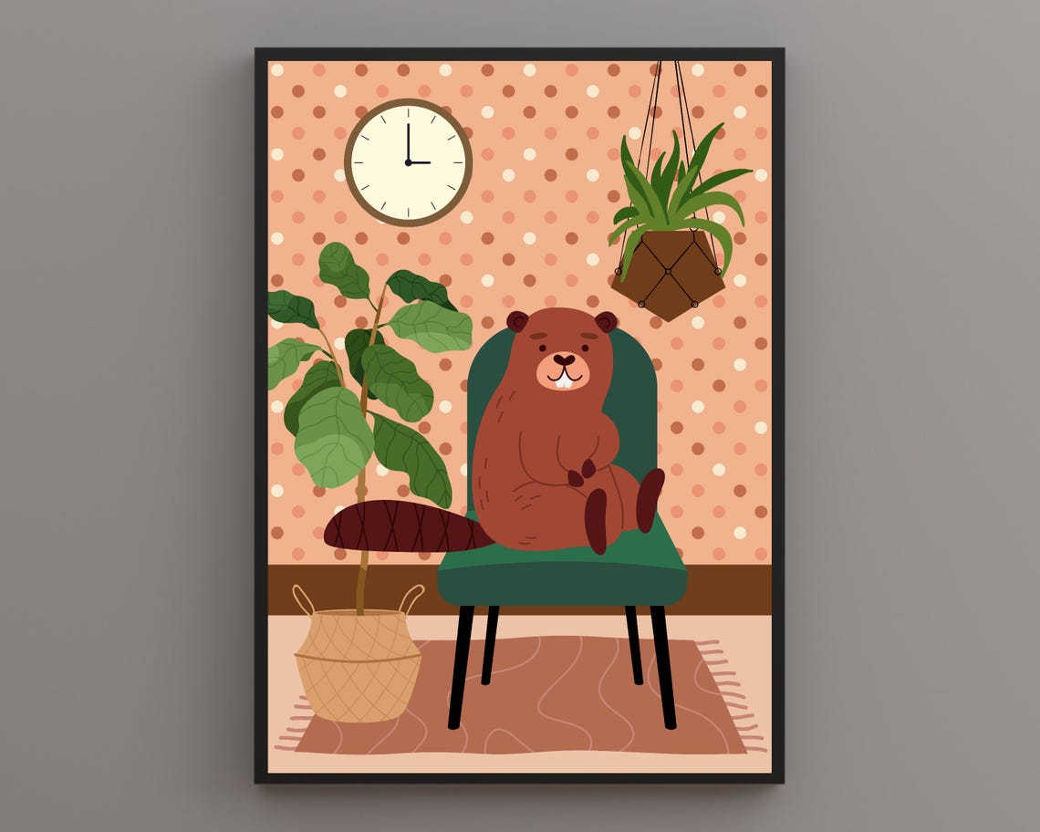 Beaver Lounging on Green Chair Funny Polka Dot Wall Animal Poster