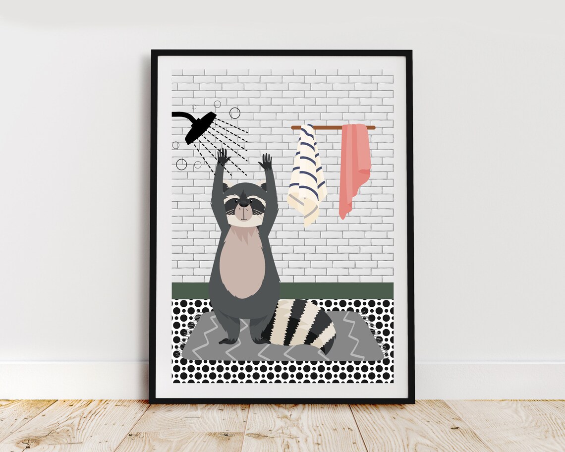 Racoon In The Shower Racoon In The Bathroom Print Animal In Bathroom White Bathroom Print Wild Animal In Shower Funny Animal Print - Image 2