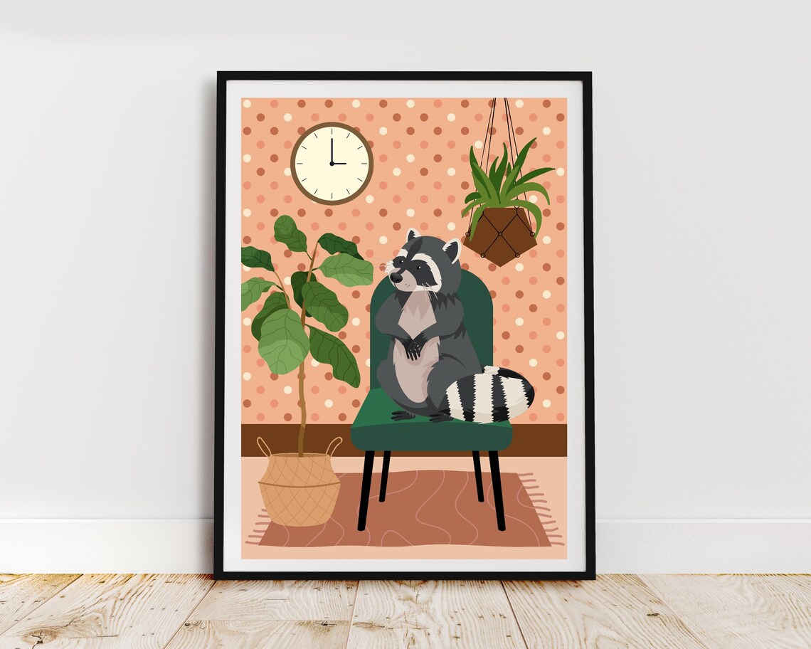 Raccoon Sitting on Green Chair Funny Polka Dot Wall Animal Poster - Image 2