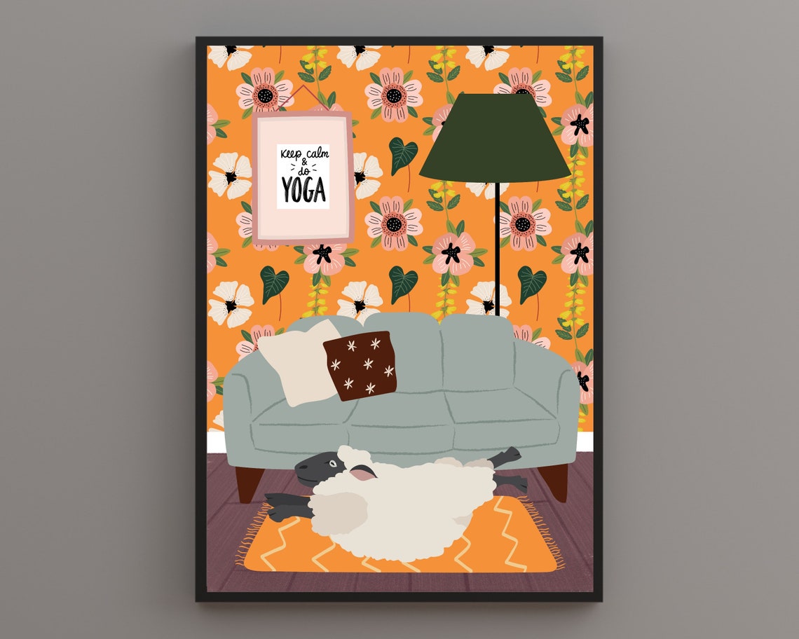 Sheep Lying Back on Orange Rug Funny Yoga Pose Animal Poster
