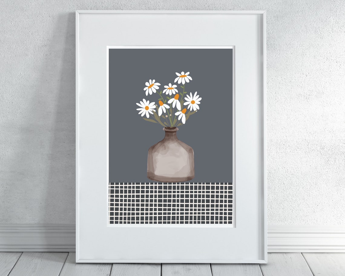 Wild Daisies In A Grey Glass Vase On A Grid Tablecloth Poster - Image 3