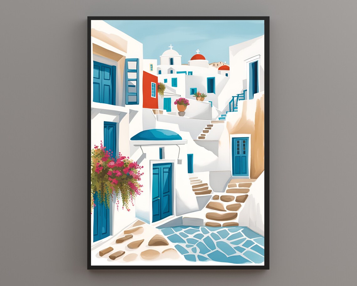 Mykonos Whitewashed Alley Blue Doors Church Greece Island Poster
