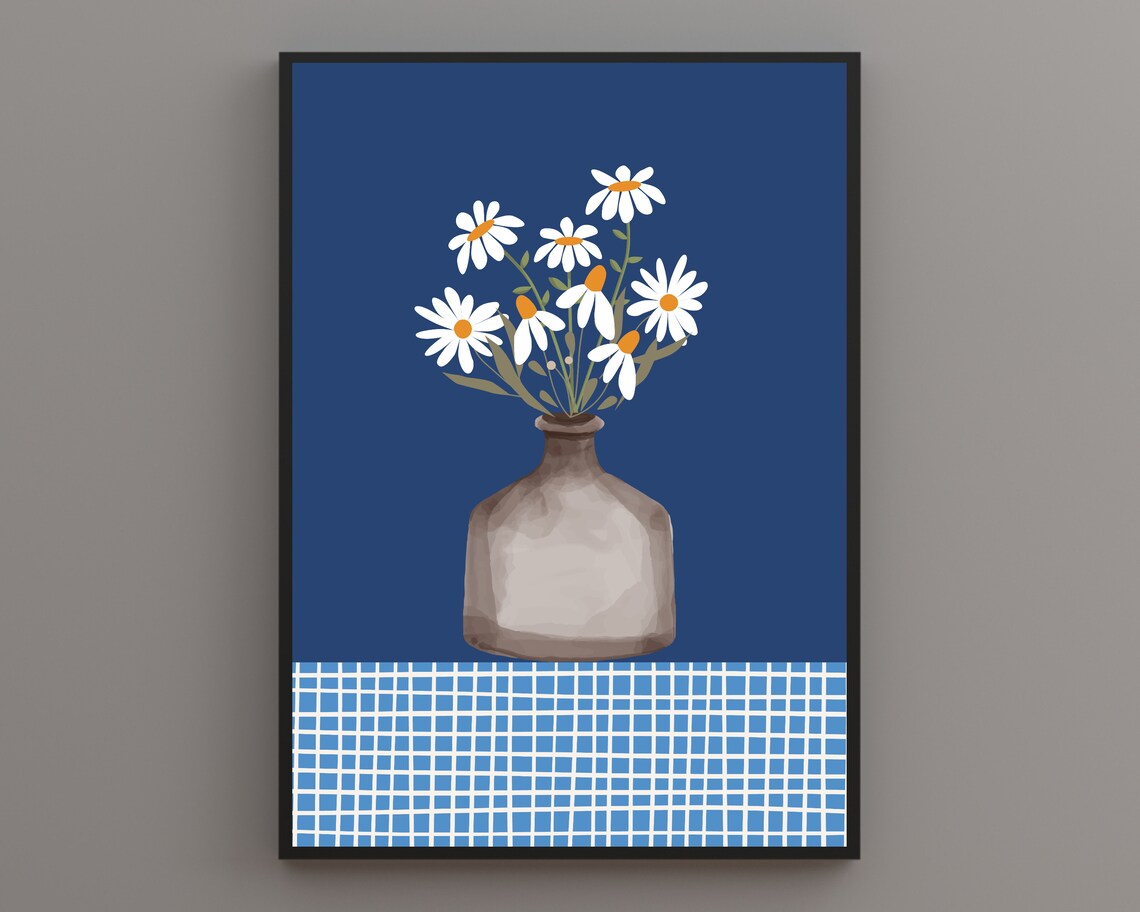 White Daisies In Glass Vase Rich Deep Navy Blue Botanical Poster