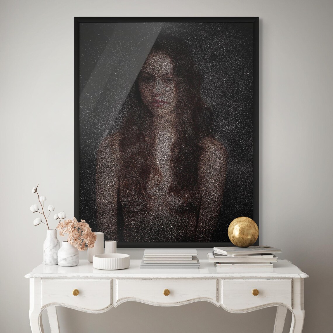 Woman Portrait Composed of Tiny Silver Particles on Black Poster