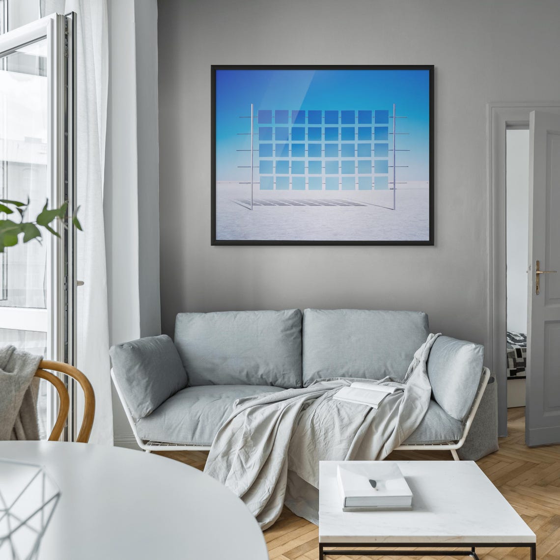 Blue Panel Grid Installation Over Salt Flat Minimal Landscape Poster - Image 2