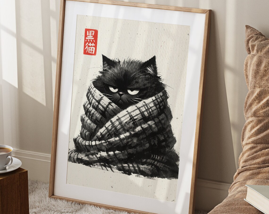 Grumpy Black Cat Wrapped Cozy in Blanket Japanese Ink Art Poster