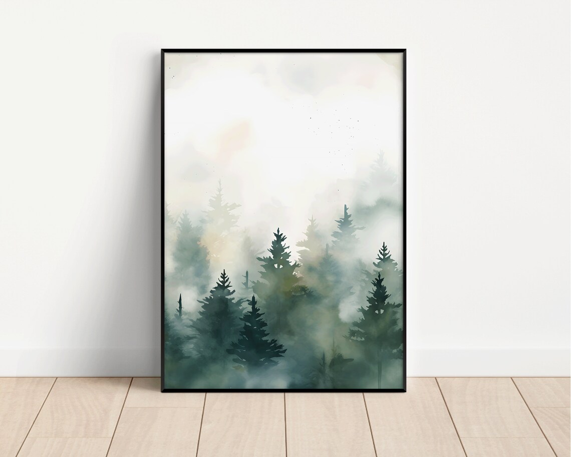 Misty Green Pine Forest Watercolor Dense Foggy Trees Wall Poster - Image 3