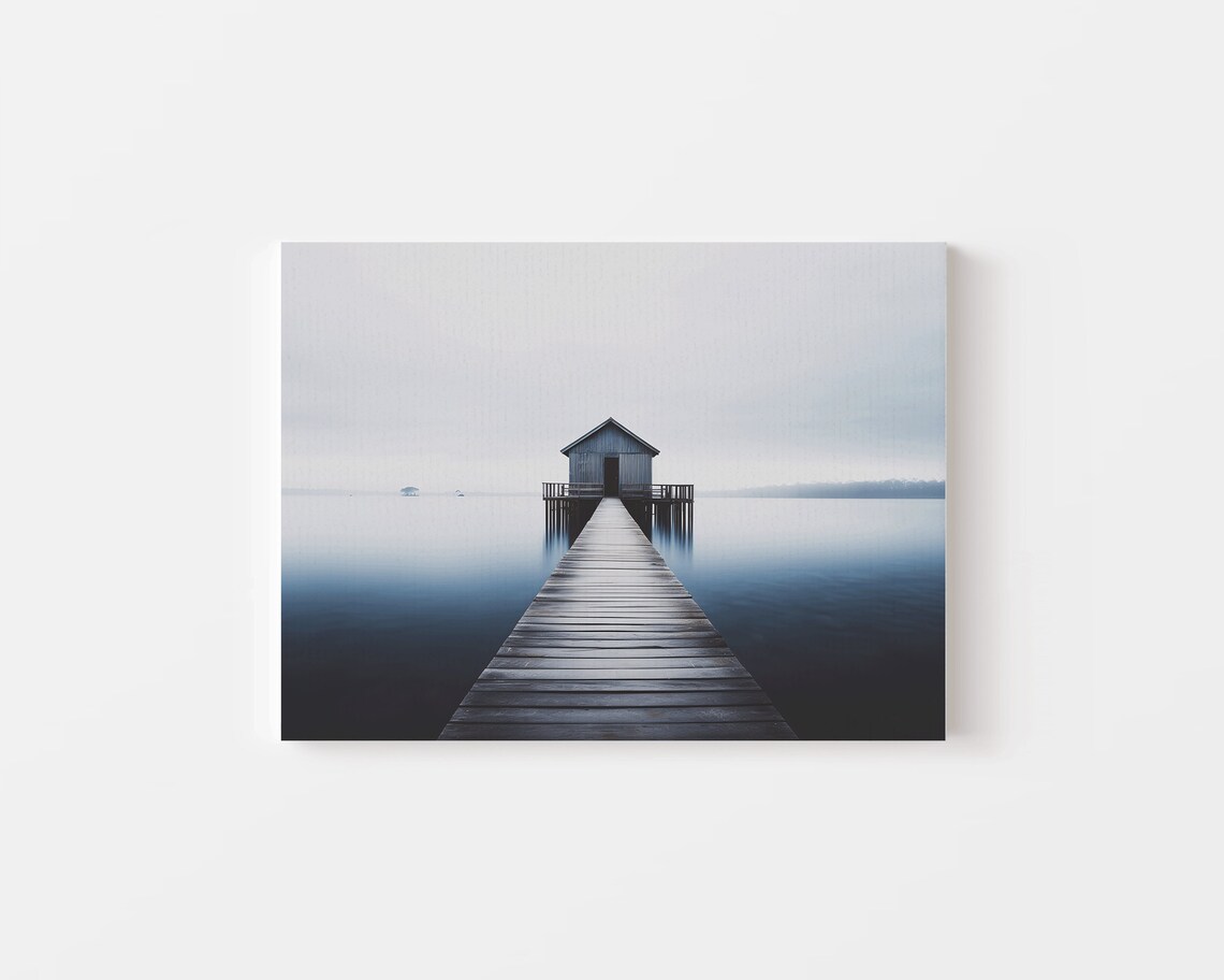 Minimalist Boathouse at End of Wooden Pier on Still Blue Water Poster - Image 4