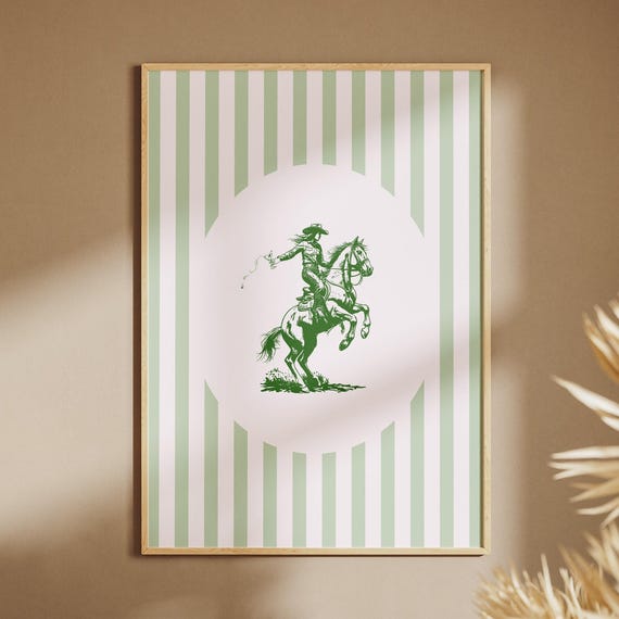 Sage Green Striped Print Western Vintage Cowgirl Wall Art Rustic Americana