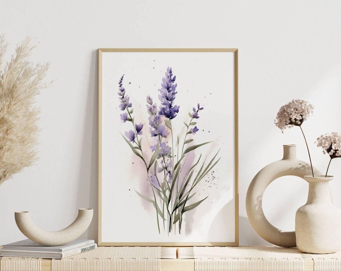 Purple Lavender Sprigs Watercolor Botanical Minimalist Wall Poster