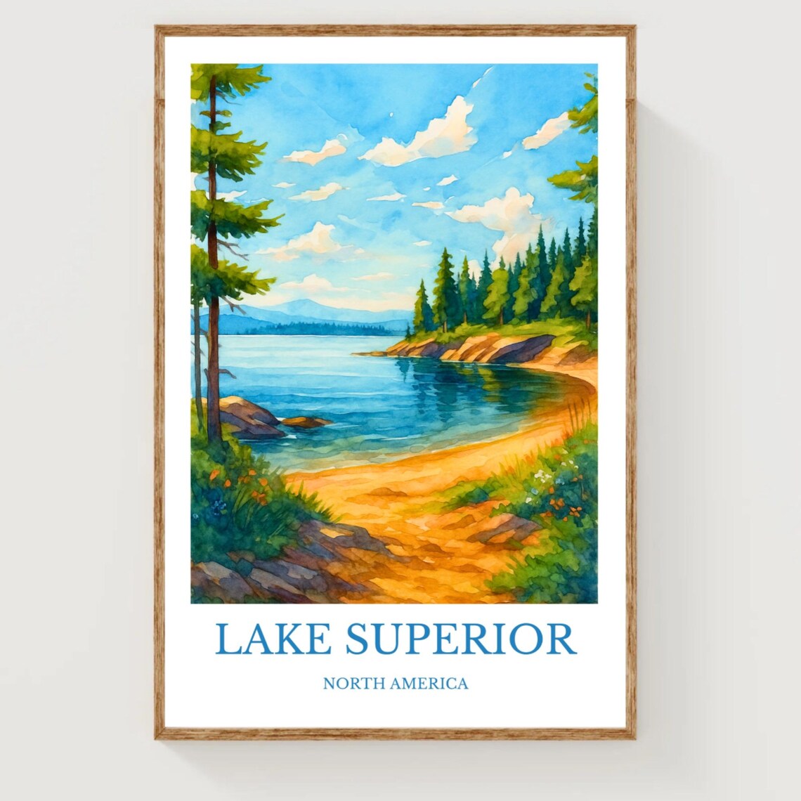 Lake Superior North America Sandy Beach Pines Watercolor Travel Poster