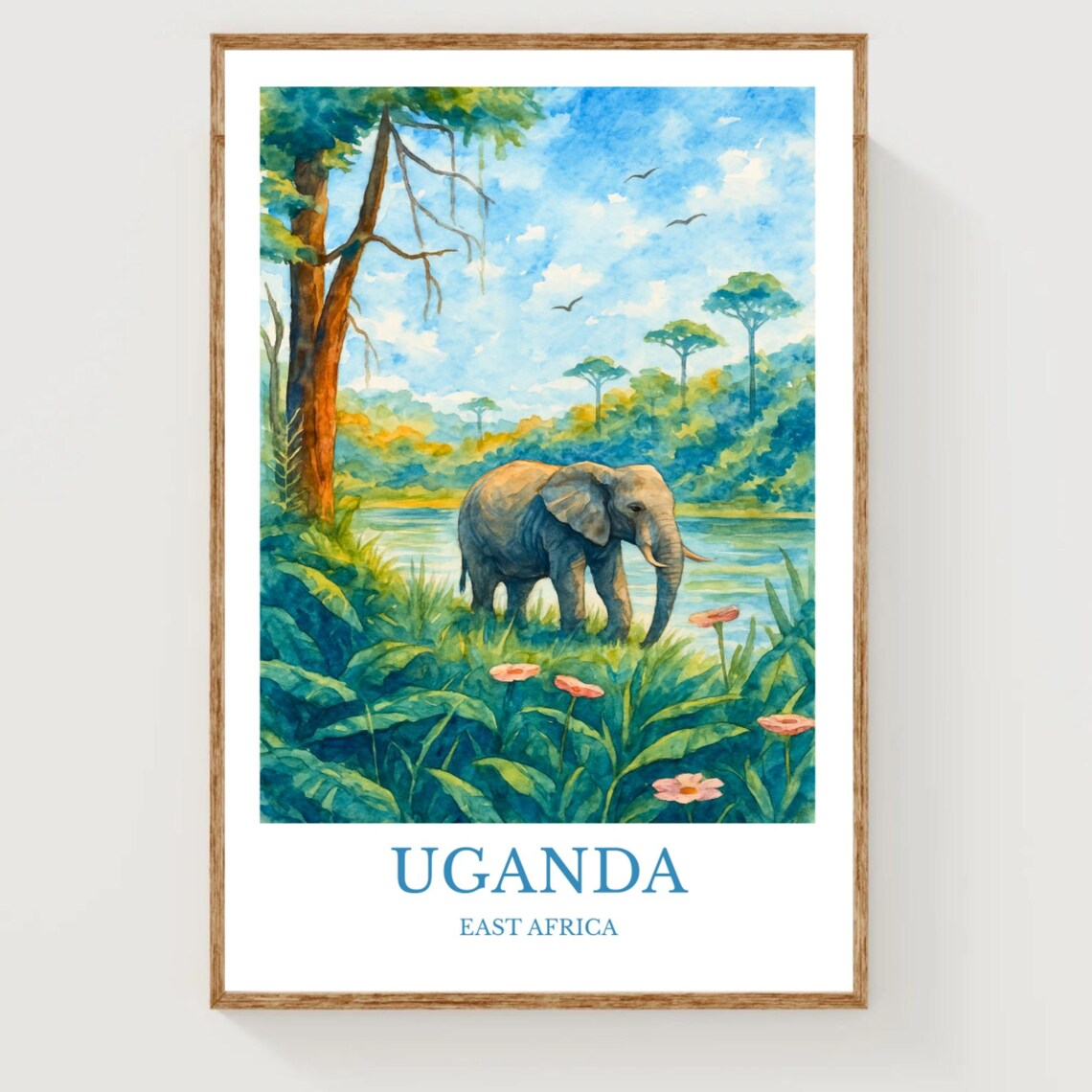 Uganda East Africa Elephant River Watercolor Wildlife Travel Poster