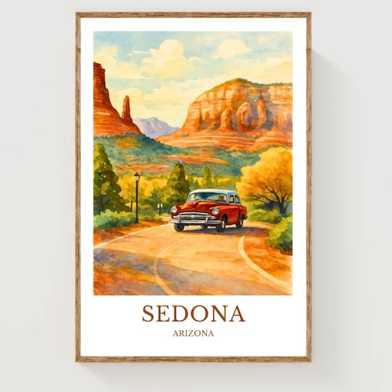 Sedona Arizona Red Vintage Car Among Red Rocks Watercolor Poster