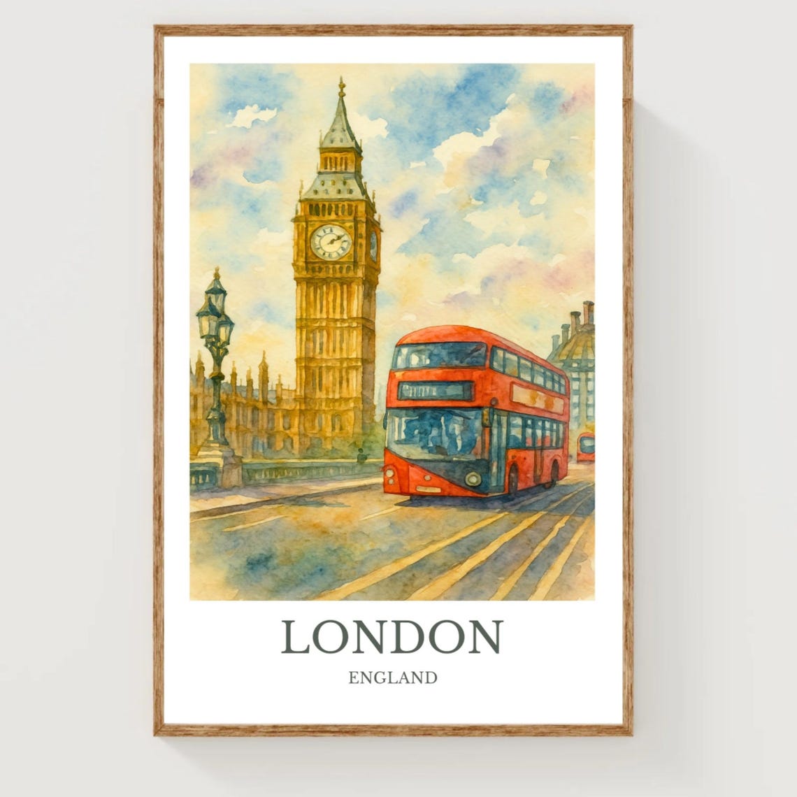 London England Big Ben Red Double Decker Bus Watercolor Travel Poster