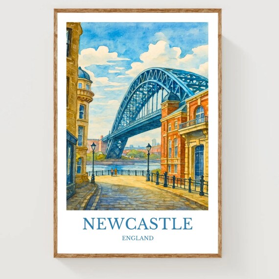 Newcastle England Tyne Bridge Riverside Watercolor Travel Poster