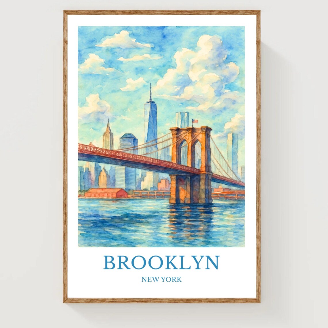 Brooklyn New York City Watercolor Bridge Skyline Travel Print