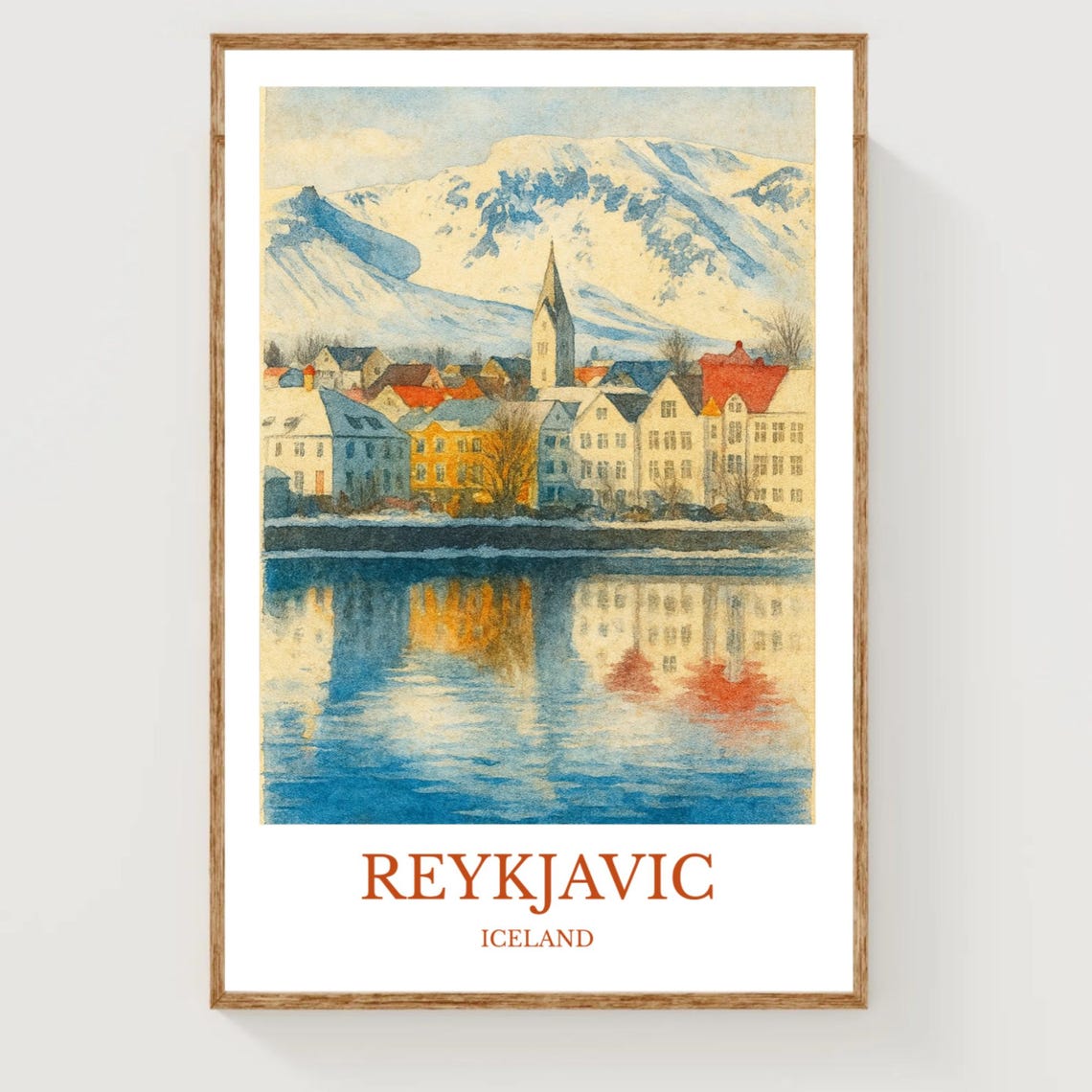 Reykjavik Iceland Watercolor Harbor Reflection Travel Poster
