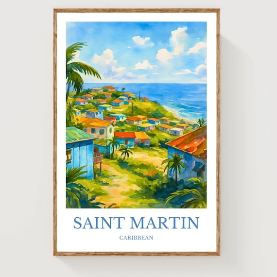 Saint Martin Caribbean Watercolor Poster Island Village Tropical Art