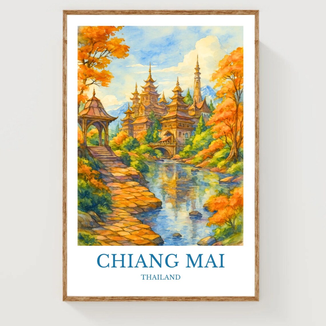 Chiang Mai Temple Riverside Watercolor Travel Poster Thailand