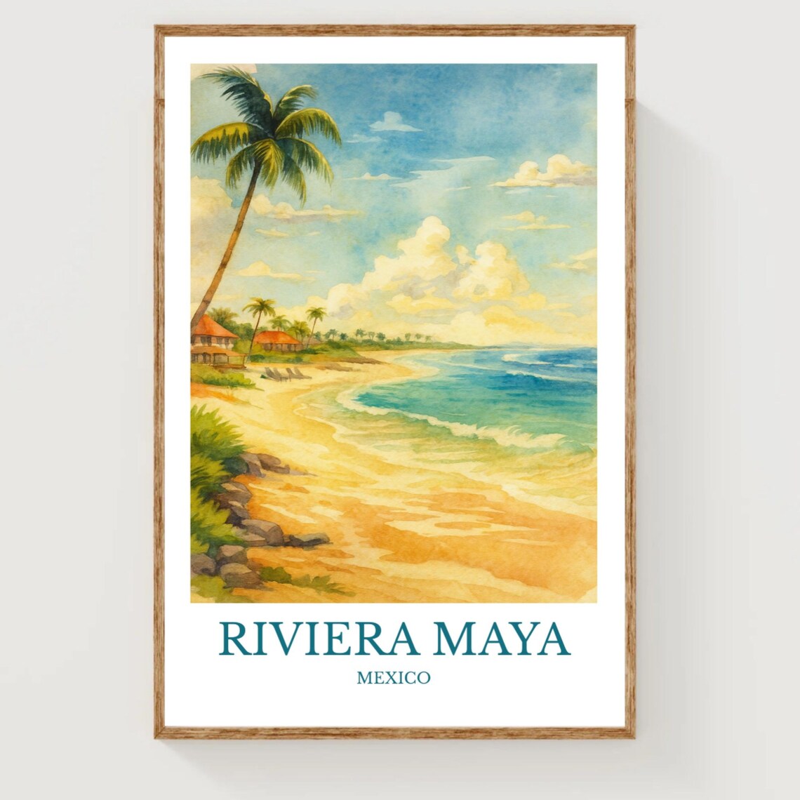Riviera Maya Mexico Tropical Beach Palm Watercolor Travel Poster