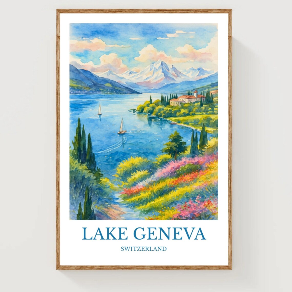 Lake Geneva Switzerland Sailboats Blossom Hill Watercolor Poster