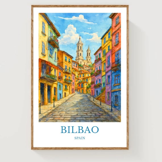 Bilbao Spain Colorful Old Town Street Watercolor Travel Poster