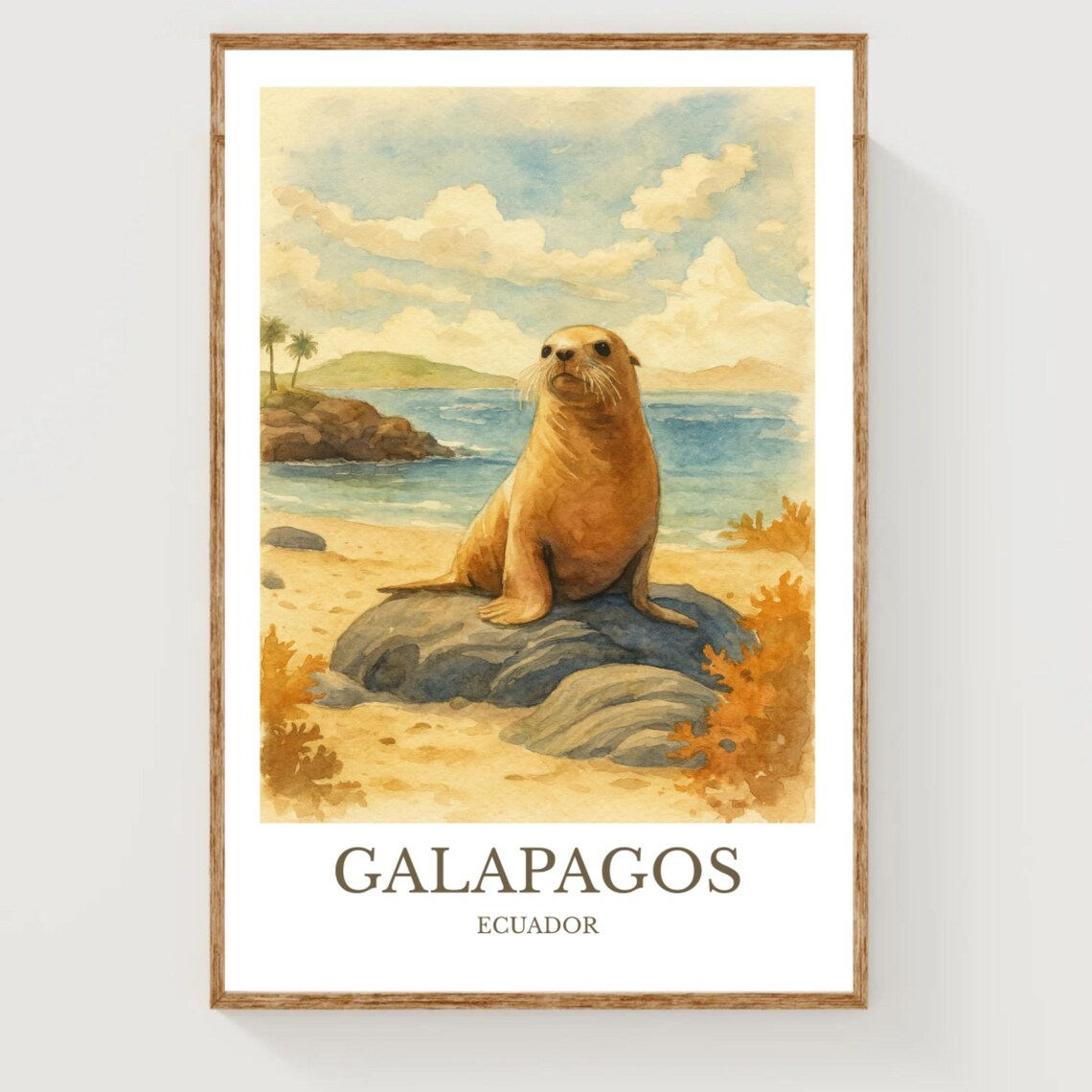 Galapagos Ecuador Sea Lion On Beach Watercolor Travel Poster