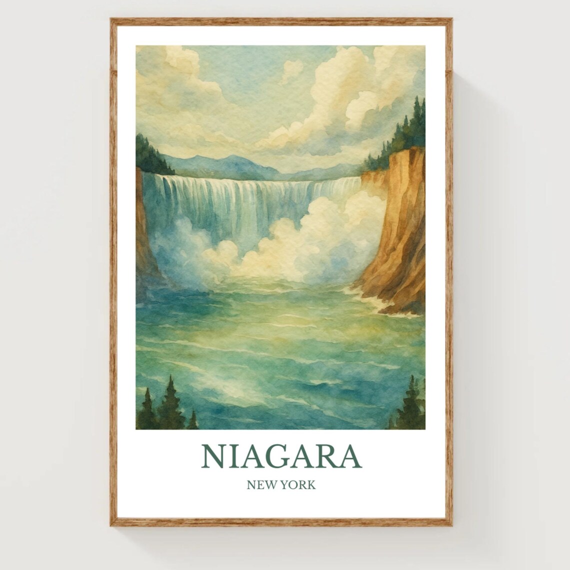 Niagara Falls New York Misty Watercolor Horseshoe Falls Travel Poster