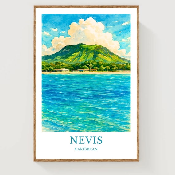 Nevis Caribbean Watercolor Poster Island Mountain Travel Art