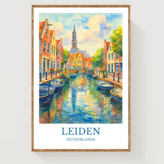 Leiden Netherlands Historic Canal Boats Watercolor Cityscape Poster