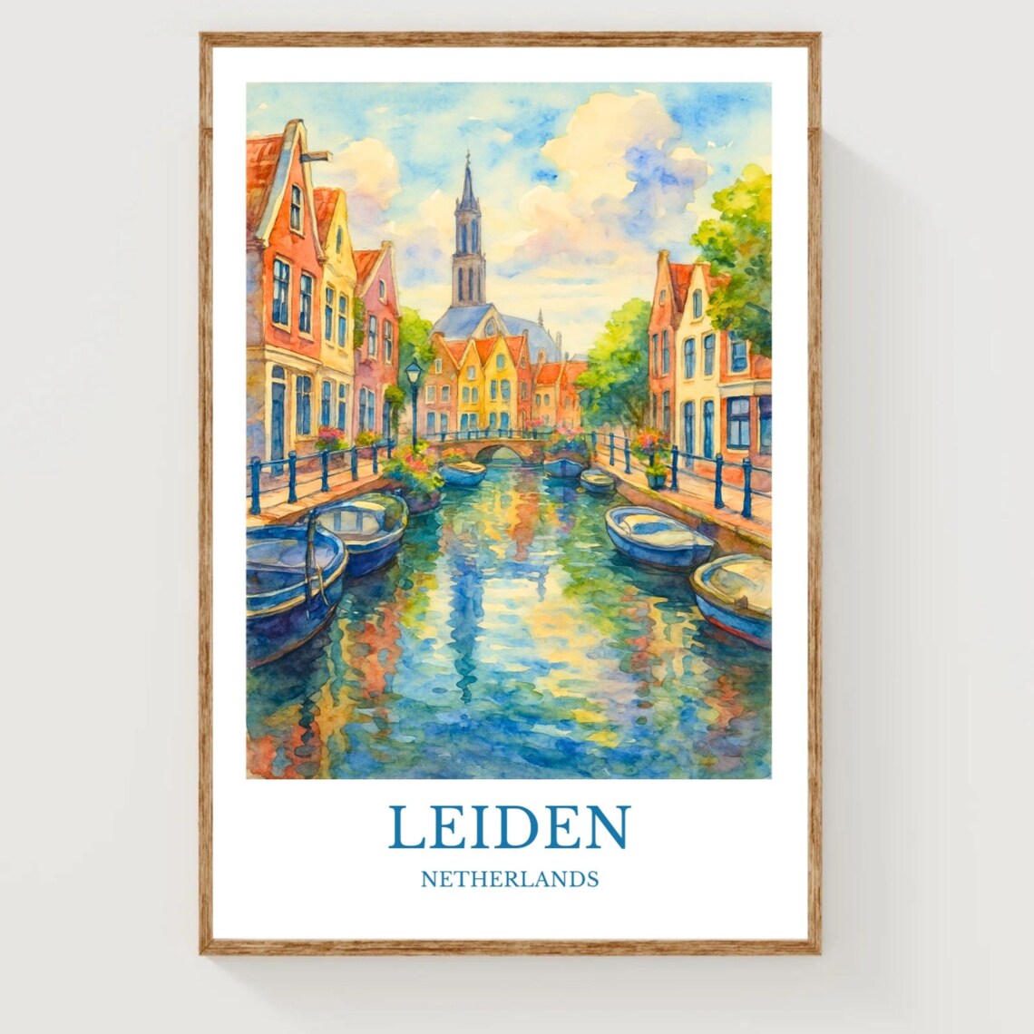 Leiden Netherlands Historic Canal Boats Watercolor Cityscape Poster