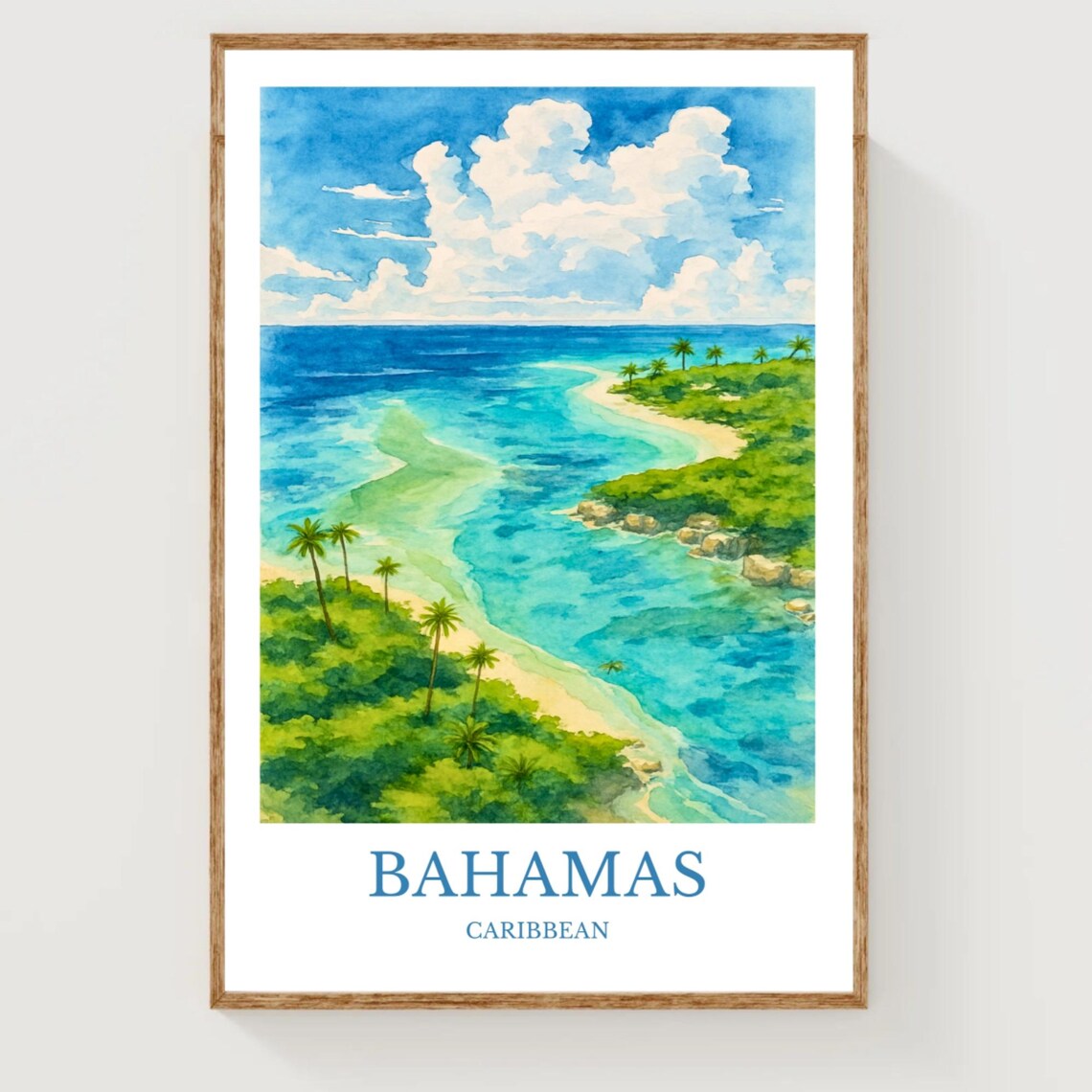 Bahamas Caribbean Turquoise Coastline Aerial View Watercolor Travel Poster