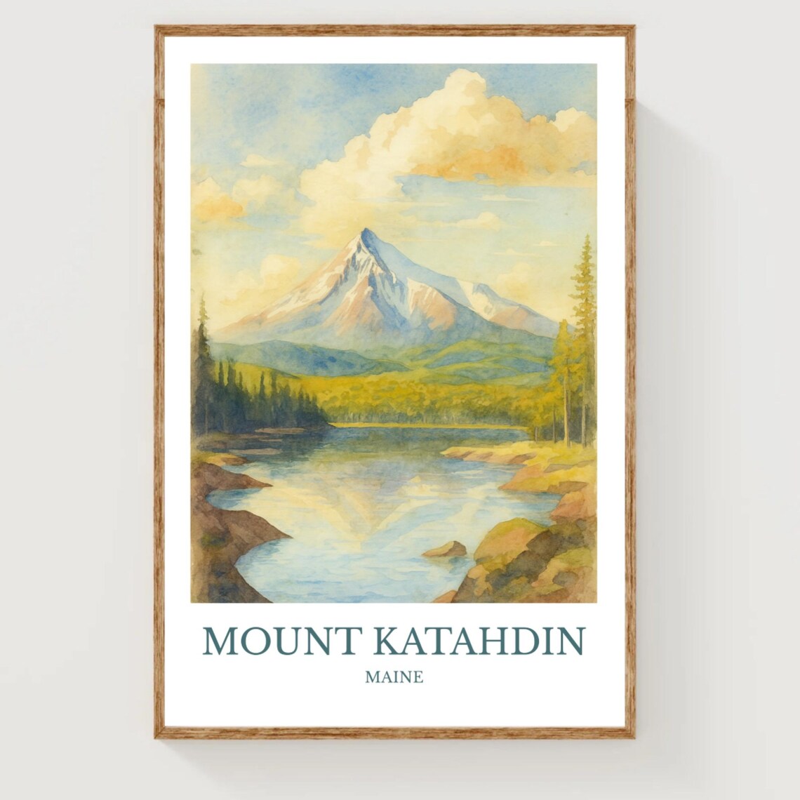 Mount Katahdin Maine Mountain Lake Watercolor Travel Art Poster