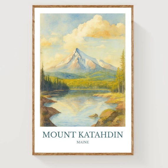 Mount Katahdin Maine Mountain Lake Watercolor Travel Art Poster