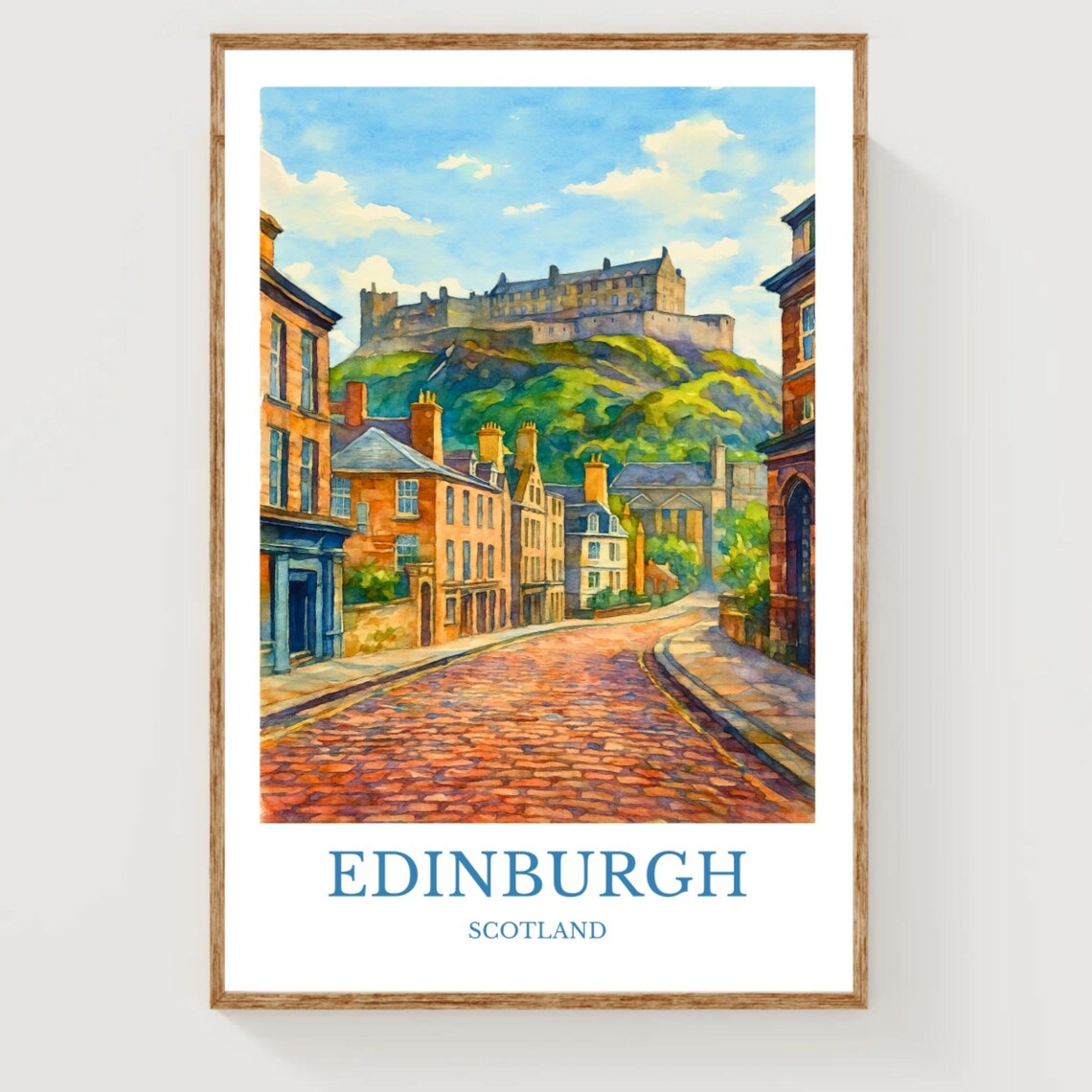 Edinburgh Scotland Castle Cobblestone Street Watercolor Travel Poster