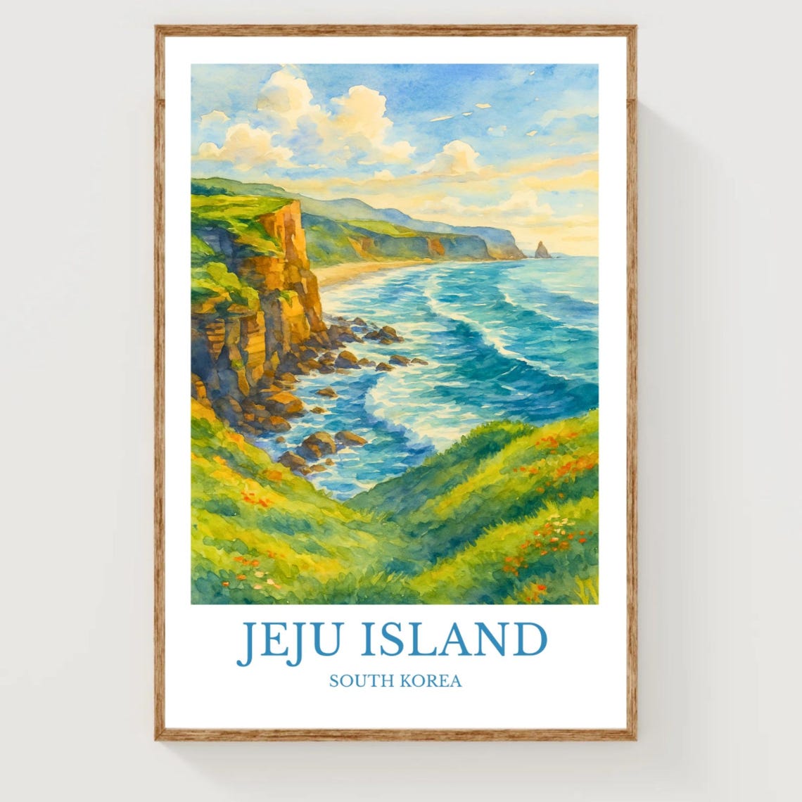 Jeju Island South Korea Coastal Cliffs Watercolor Travel Poster